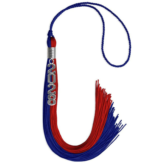 Royal Blue/Red Graduation Tassel with Silver Stacked Date Drop by Wholesale Grad Supply