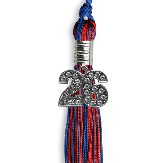 Royal Blue/Red Mixed Color Graduation Tassel with Silver Bling Charm by Wholesale Grad Supply
