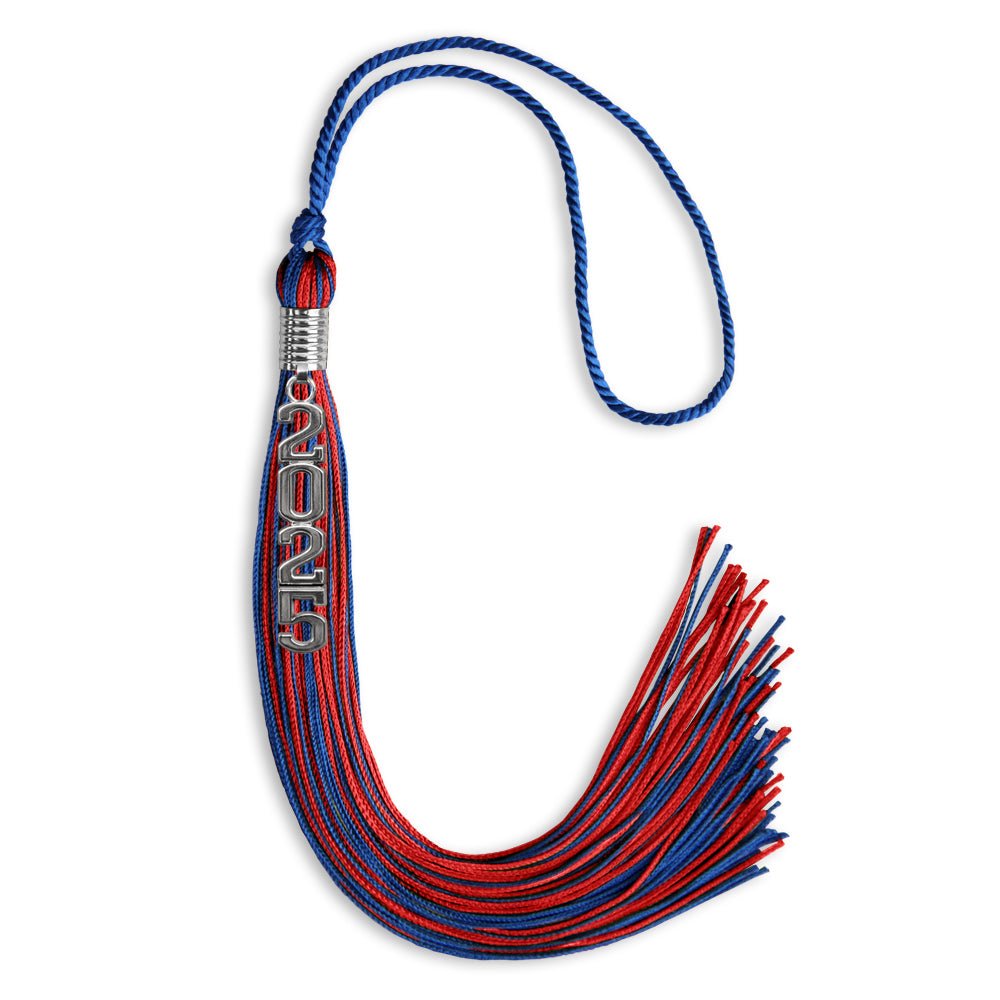 Royal Blue/Red Mixed Color Graduation Tassel with Stacked Silver Date Drop by Wholesale Grad Supply