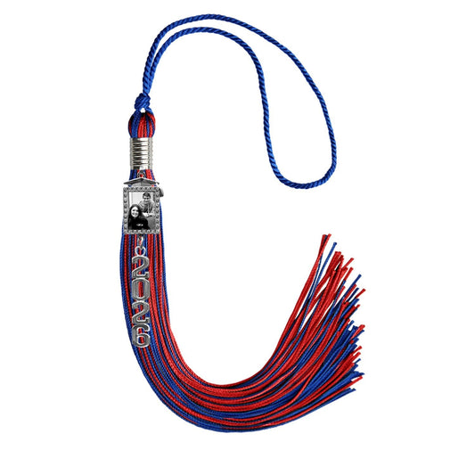 Royal Blue/Red Tassel with Photo Frame Charm and Stacked Date Drop by Wholesale Grad Supply
