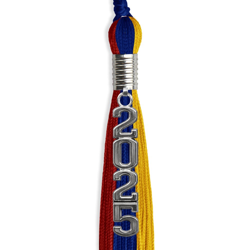 Royal Blue/Red/Gold Graduation Tassel with Silver Stacked Date Drop by Wholesale Grad Supply