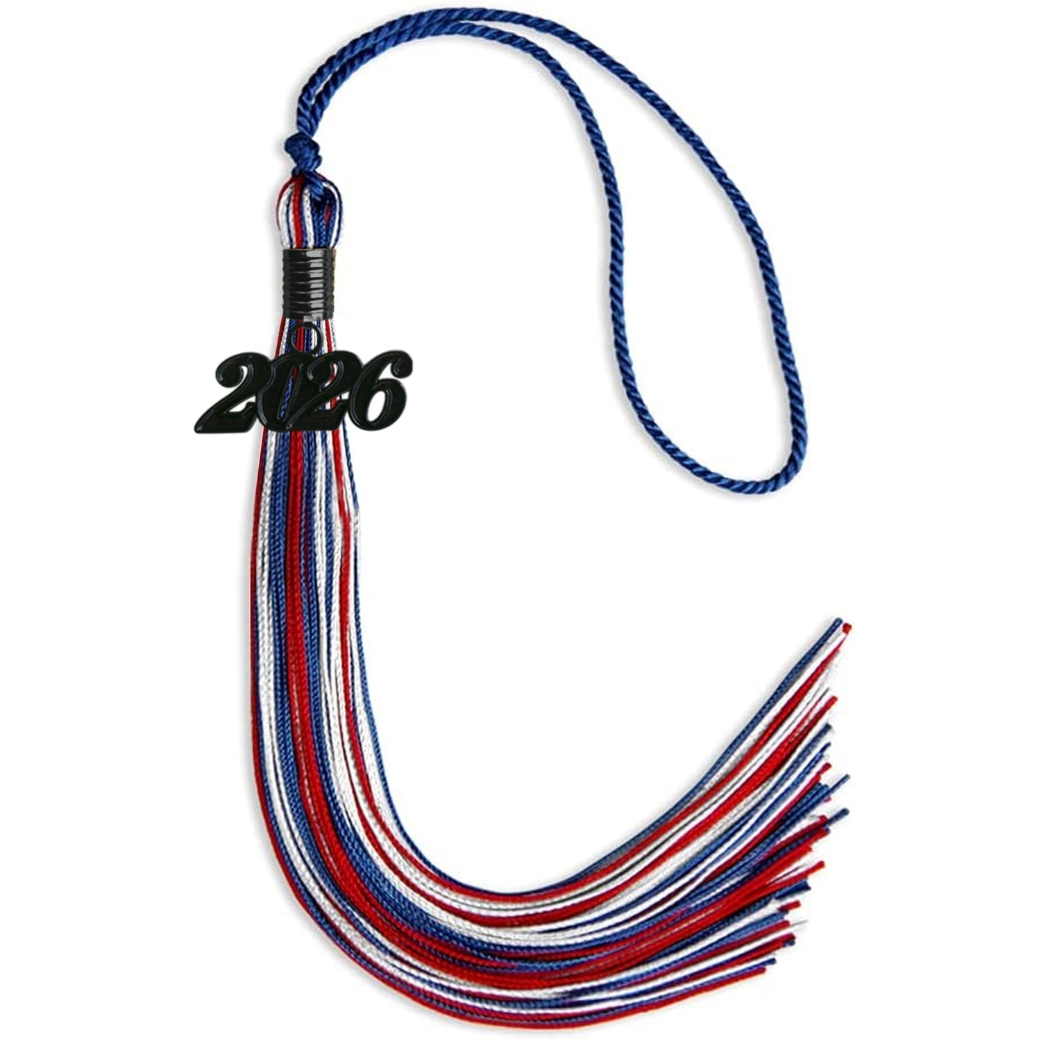 Royal Blue/Red/White Mixed Color Graduation Tassel with Black Bling Charm by Wholesale Grad Supply