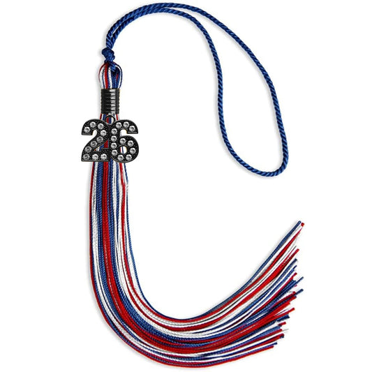 Royal Blue/Red/White Mixed Color Graduation Tassel with Black Bling Charm by Wholesale Grad Supply