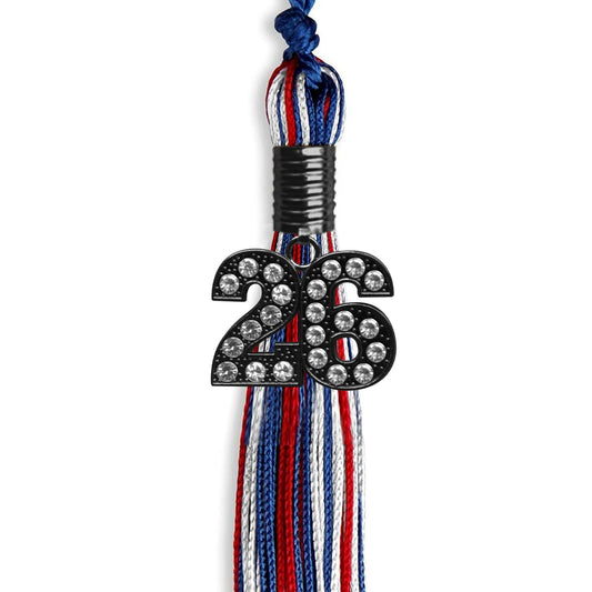 Royal Blue/Red/White Mixed Color Graduation Tassel with Black Bling Charm by Wholesale Grad Supply