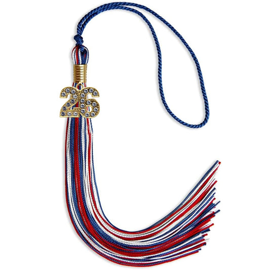 Royal Blue/Red/White Mixed Color Graduation Tassel with Gold Bling Charm by Wholesale Grad Supply