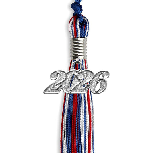 Royal Blue/Red/White Mixed Color Graduation Tassel with Silver Bling Charm by Wholesale Grad Supply