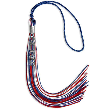 Royal Blue/Red/White Mixed Color Graduation Tassel with Silver Stacked Date Drop by Wholesale Grad Supply
