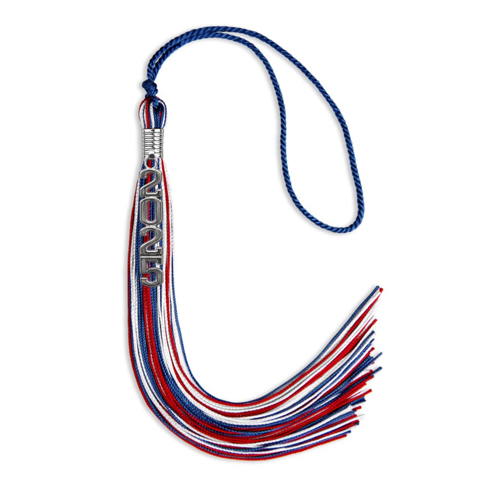 Royal Blue/Red/White Mixed Color Graduation Tassel with Silver Stacked Date Drop by Wholesale Grad Supply