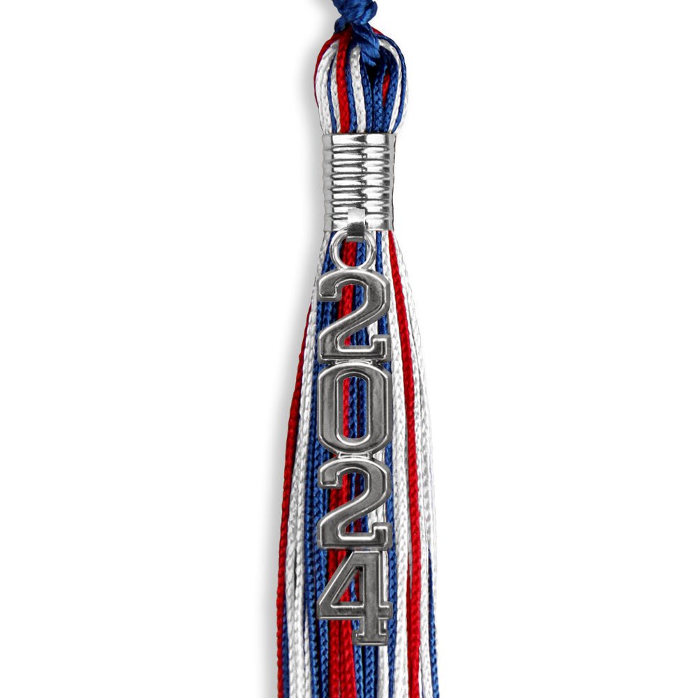 Royal Blue/Red/White Mixed Color Graduation Tassel with Silver Stacked Date Drop by Wholesale Grad Supply