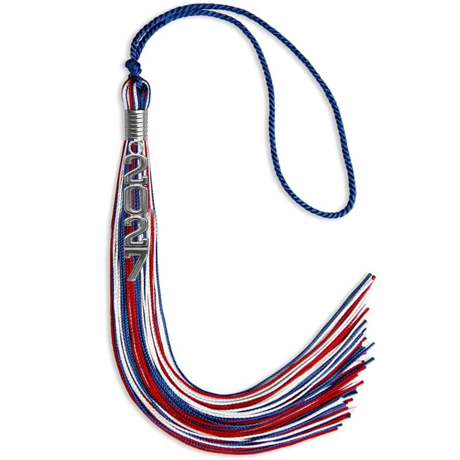 Royal Blue/Red/White Mixed Color Graduation Tassel with Silver Stacked Date Drop by Wholesale Grad Supply