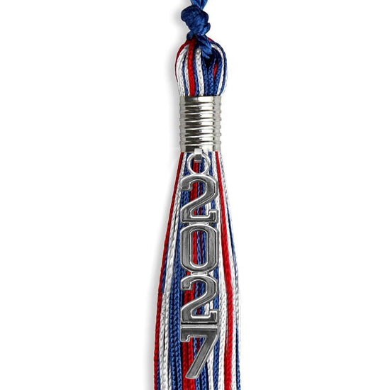 Royal Blue/Red/White Mixed Color Graduation Tassel with Silver Stacked Date Drop by Wholesale Grad Supply