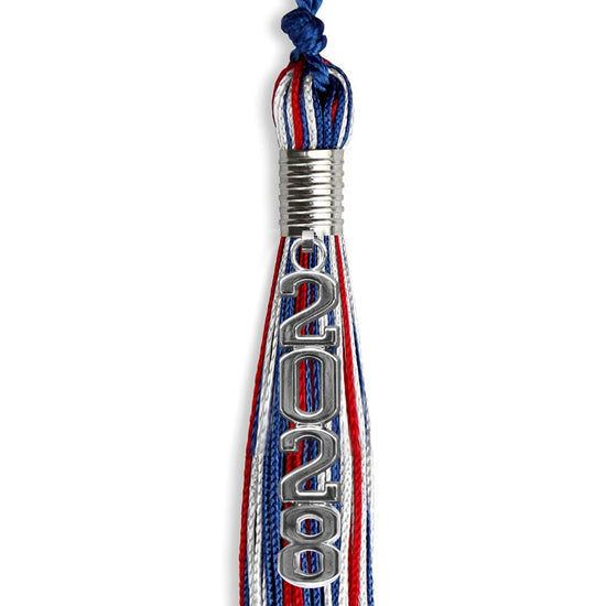 Royal Blue/Red/White Mixed Color Graduation Tassel with Silver Stacked Date Drop by Wholesale Grad Supply