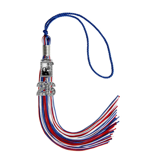 Royal Blue/Red/White Tassel with Photo Frame Charm and Bling Charm by Wholesale Grad Supply