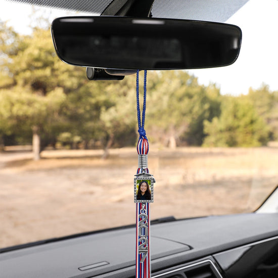 Royal Blue/Red/White Tassel with Photo Frame Charm and Stacked Date Drop by Wholesale Grad Supply