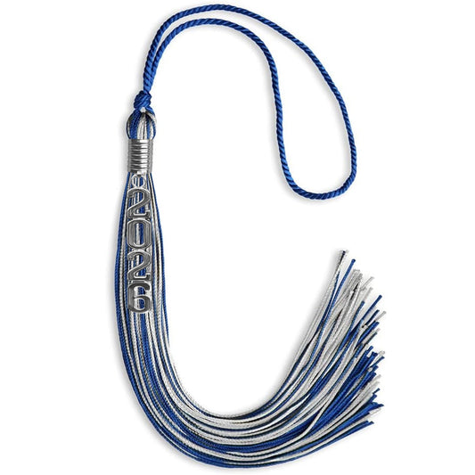 Royal Blue/Silver Mixed Color Graduation Tassel with Stacked Silver Date Drop by Wholesale Grad Supply