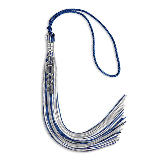 Royal Blue/Silver/White Mixed Color Graduation Tassel with Silver Stacked Date Drop by Wholesale Grad Supply