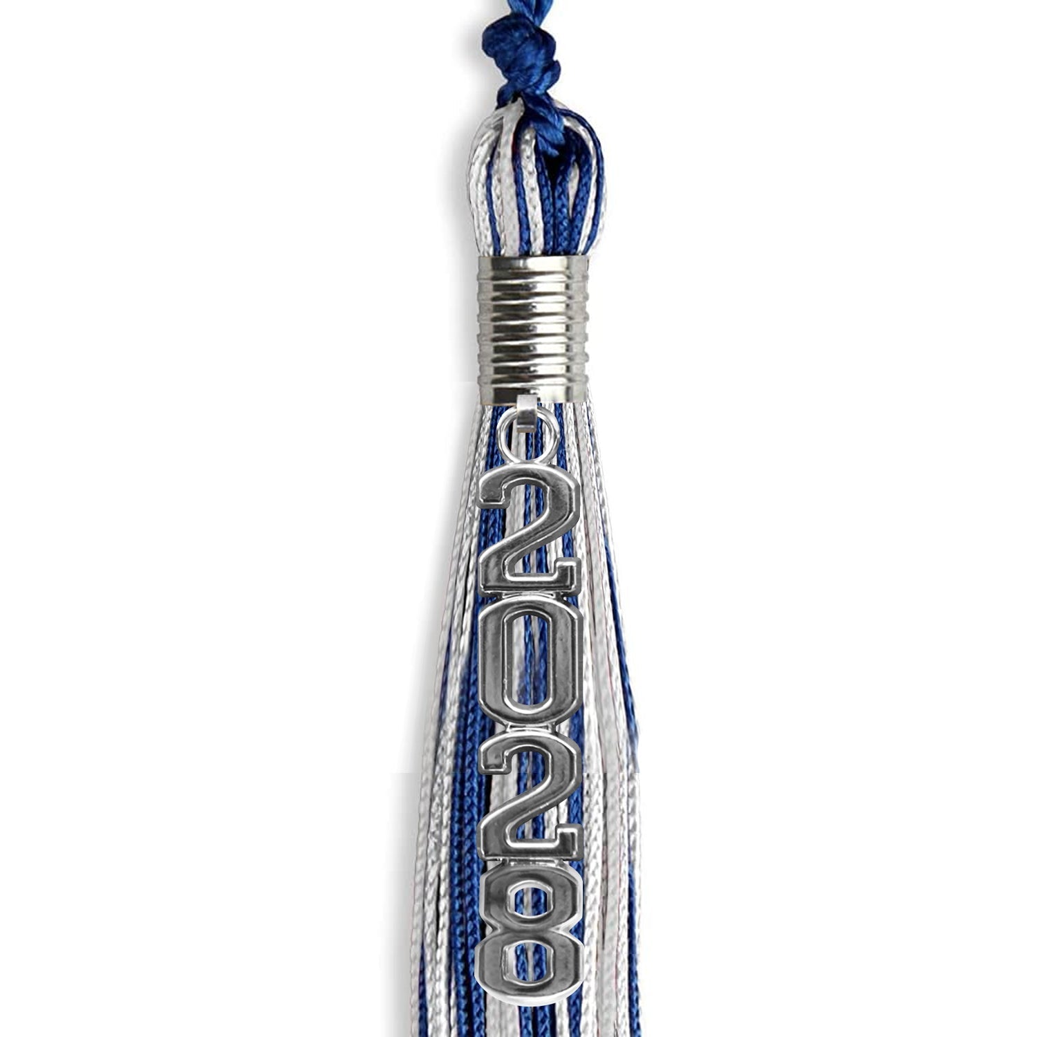 Royal Blue/Silver/White Mixed Color Graduation Tassel with Silver Stacked Date Drop by Wholesale Grad Supply