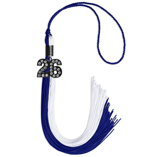 Royal Blue/White Graduation Tassel with Black Bling Charm by Wholesale Grad Supply