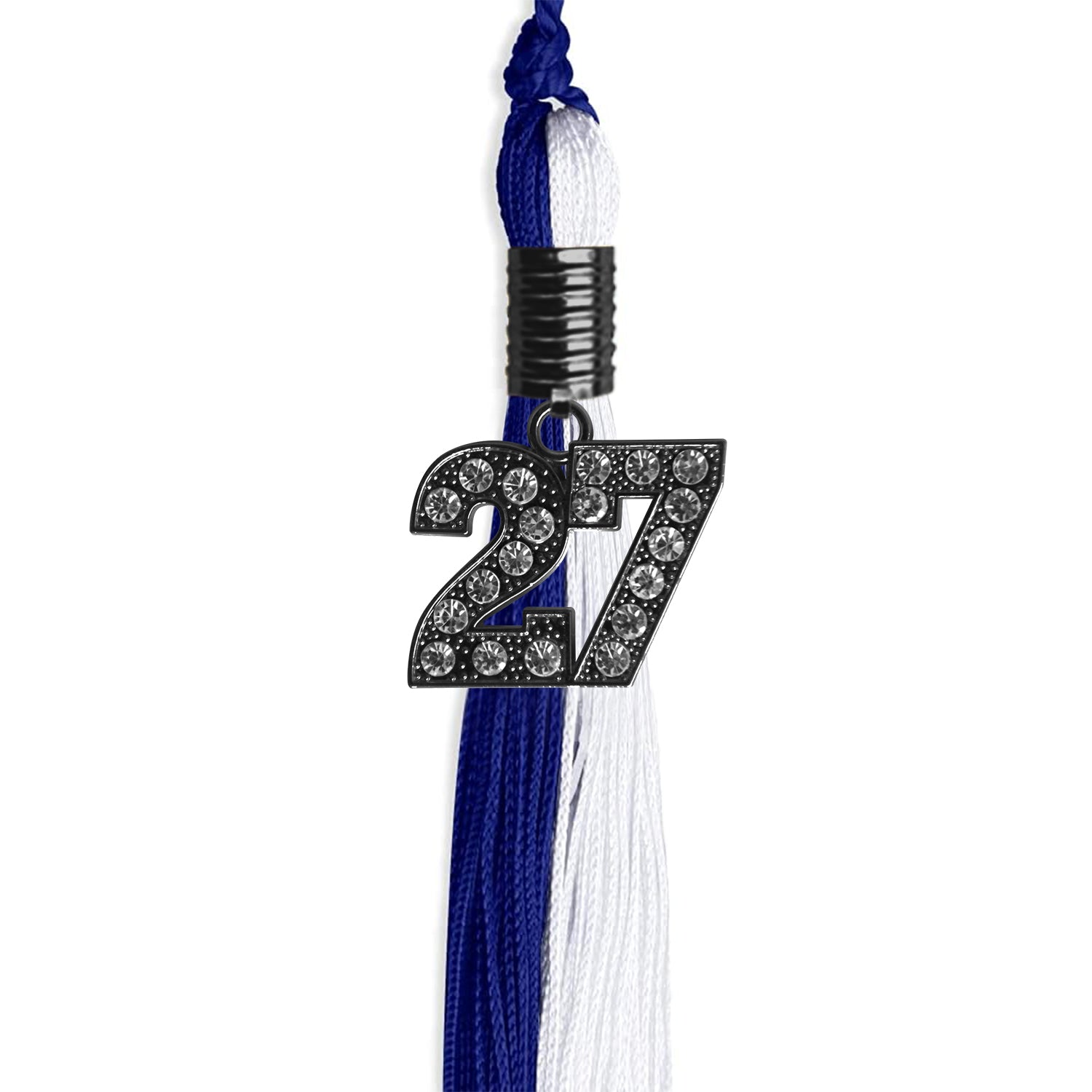 Royal Blue/White Graduation Tassel with Black Bling Charm by Wholesale Grad Supply