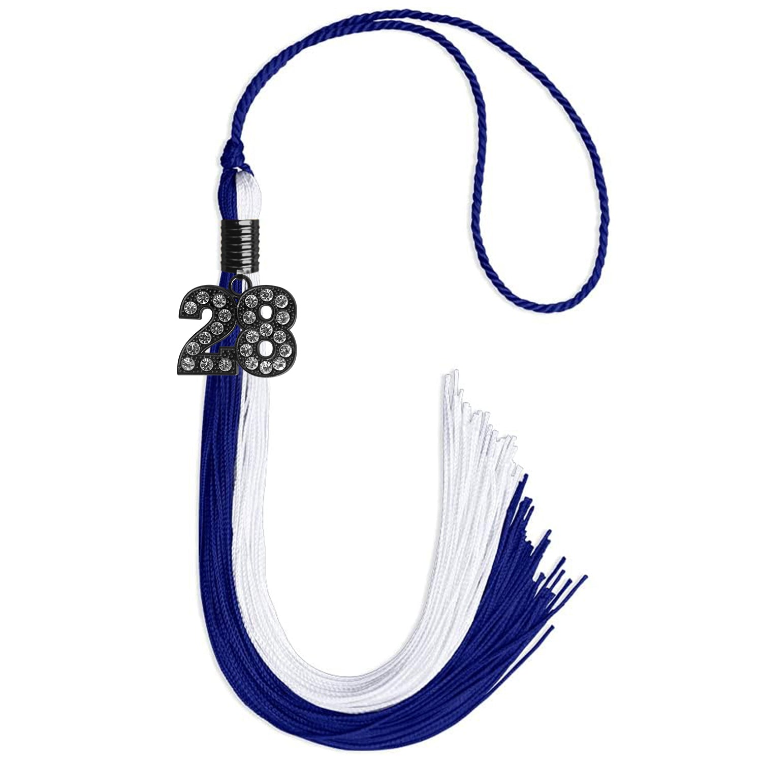 Royal Blue/White Graduation Tassel with Black Bling Charm by Wholesale Grad Supply