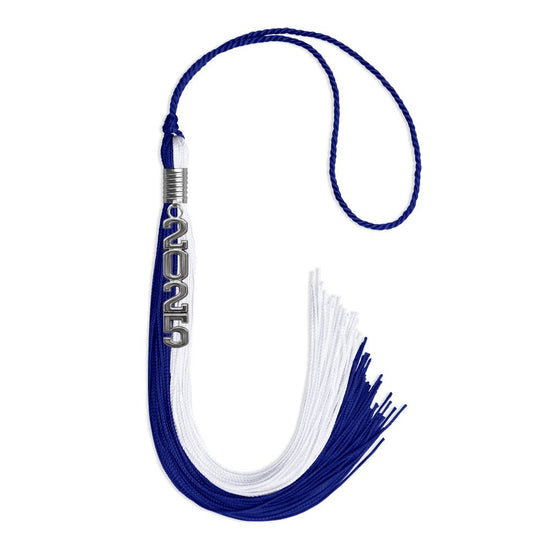 Royal Blue/White Graduation Tassel with Silver Stacked Date Drop by Wholesale Grad Supply