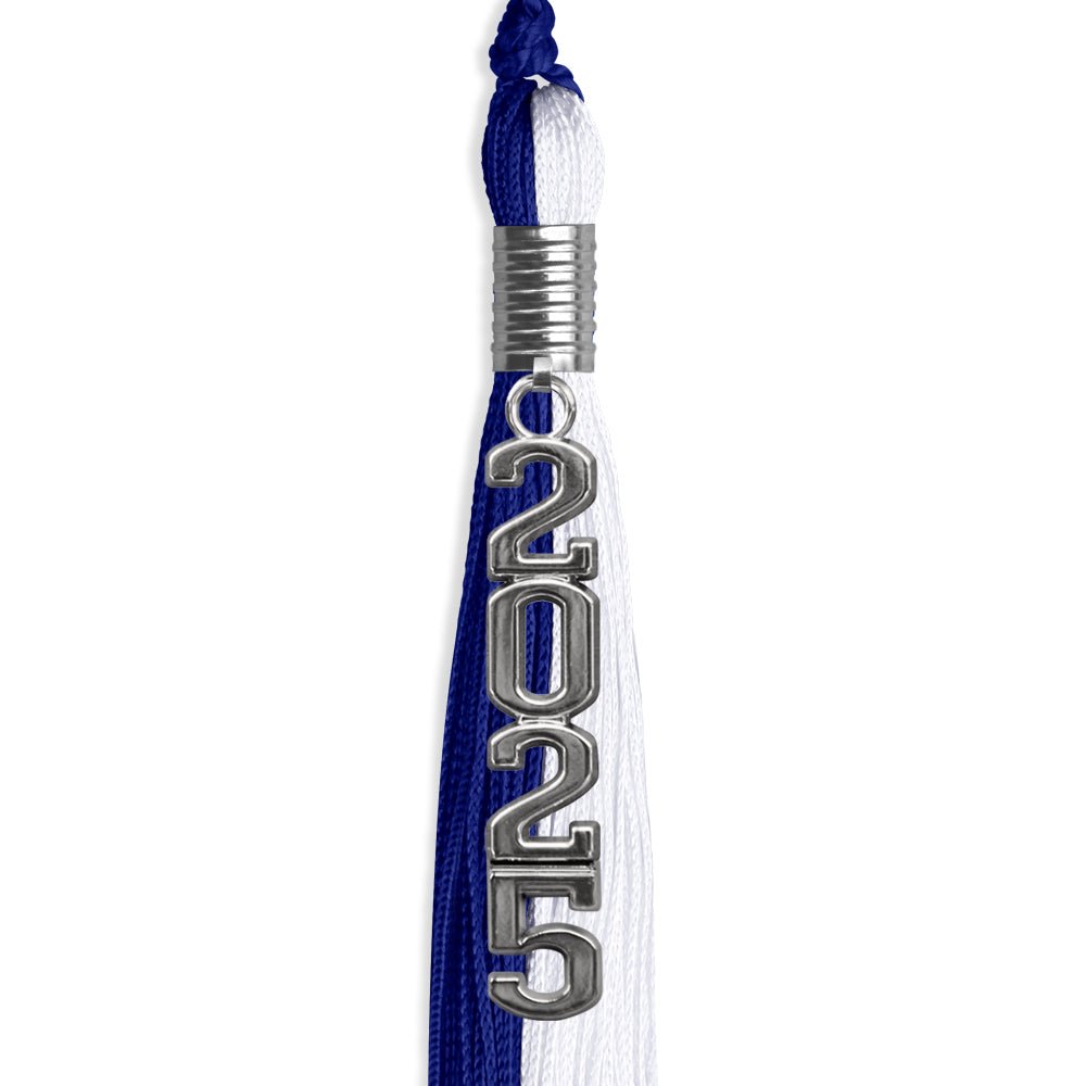 Royal Blue/White Graduation Tassel with Silver Stacked Date Drop by Wholesale Grad Supply