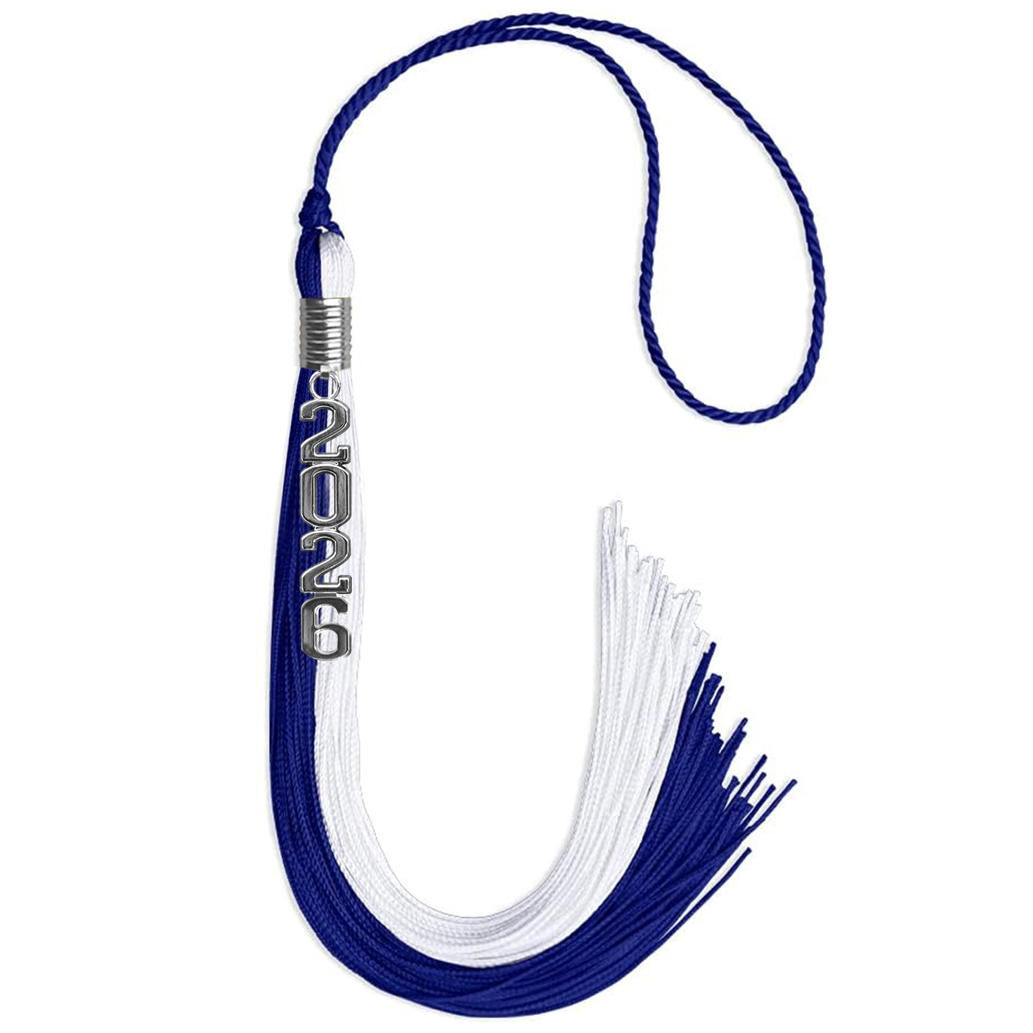 Royal Blue/White Graduation Tassel with Silver Stacked Date Drop by Wholesale Grad Supply