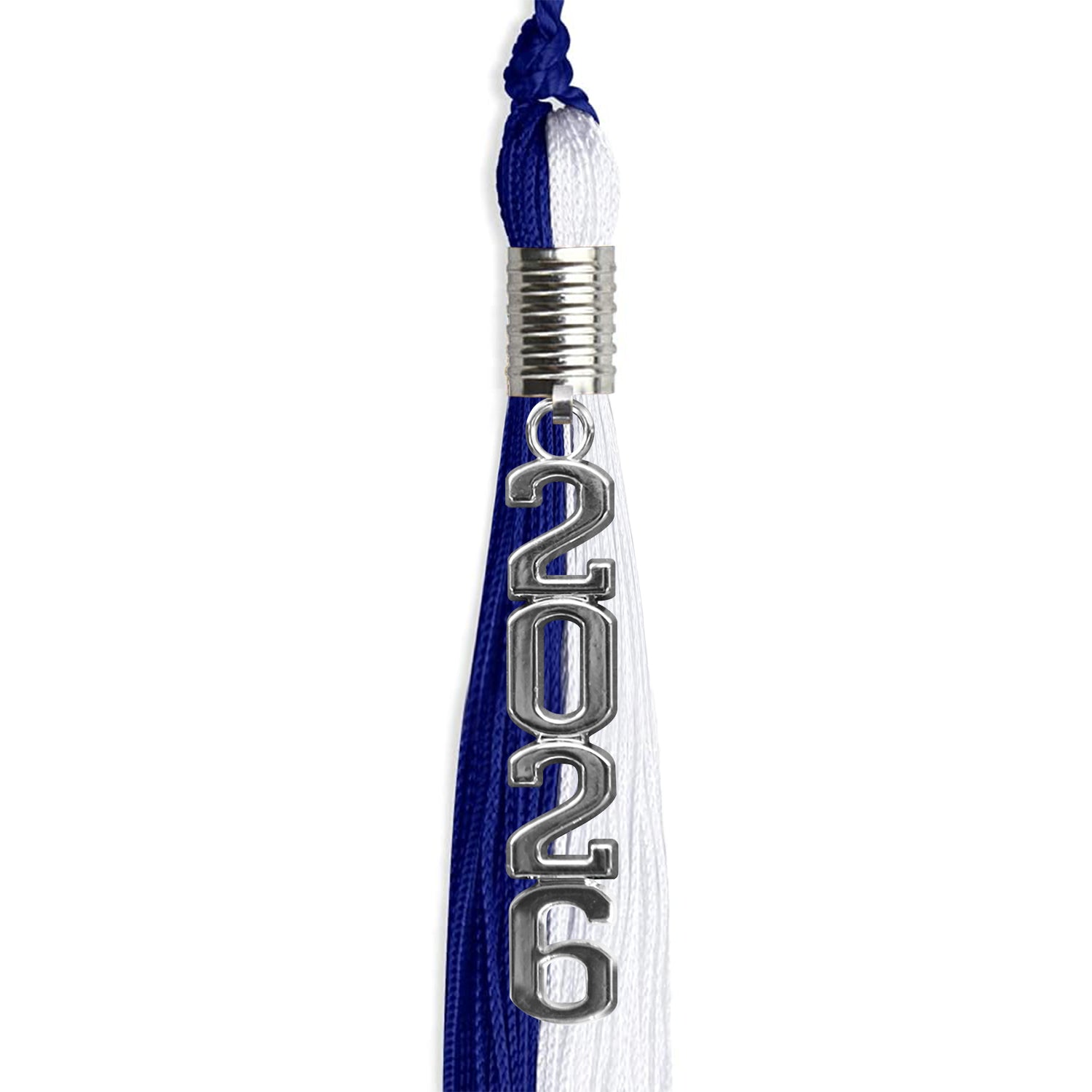 Royal Blue/White Graduation Tassel with Silver Stacked Date Drop by Wholesale Grad Supply