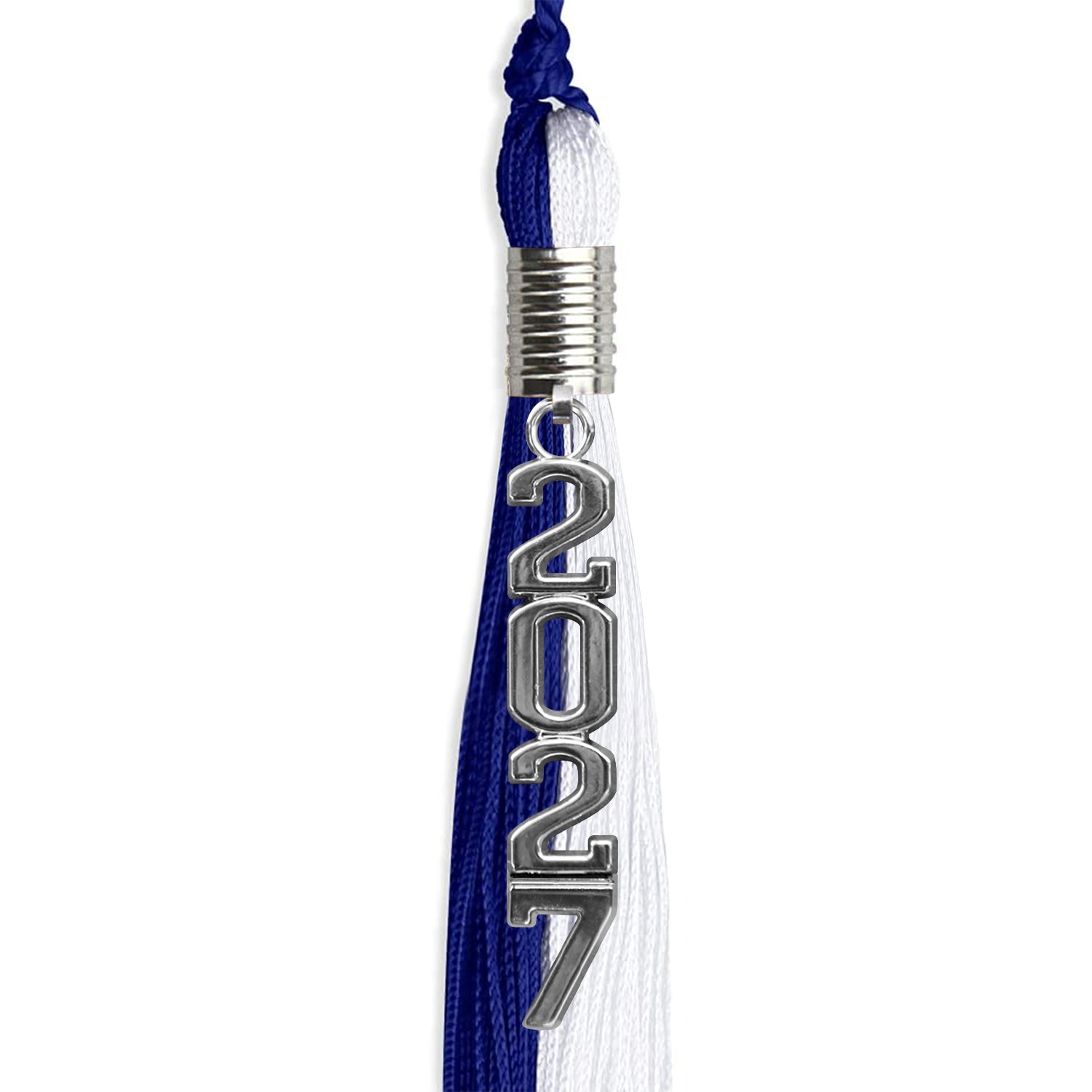Royal Blue/White Graduation Tassel with Silver Stacked Date Drop by Wholesale Grad Supply