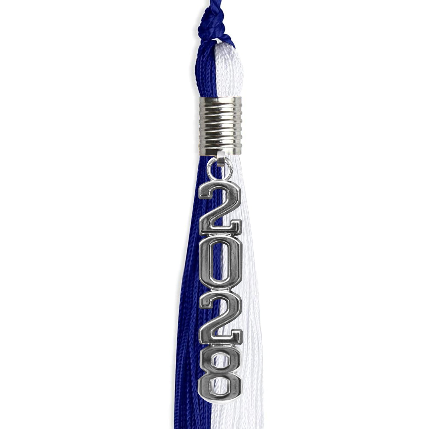 Royal Blue/White Graduation Tassel with Silver Stacked Date Drop by Wholesale Grad Supply