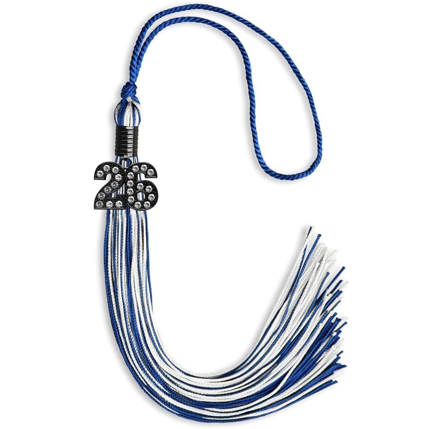 Royal Blue/White Mixed Color Graduation Tassel with Black Bling Charm by Wholesale Grad Supply