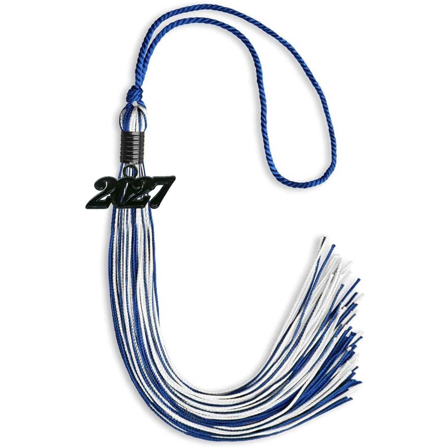 Royal Blue/White Mixed Color Graduation Tassel with Black Bling Charm by Wholesale Grad Supply