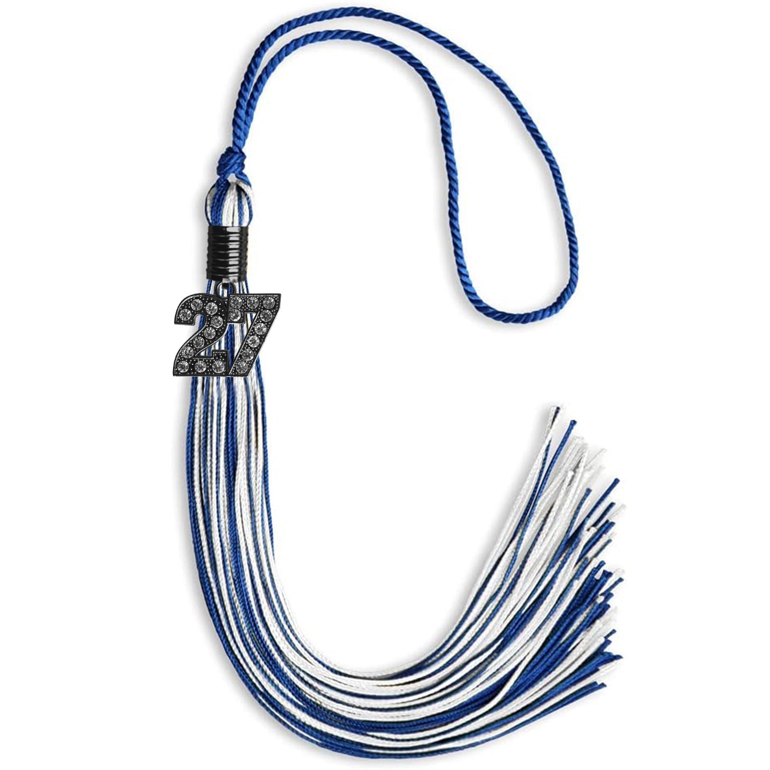 Royal Blue/White Mixed Color Graduation Tassel with Black Bling Charm by Wholesale Grad Supply