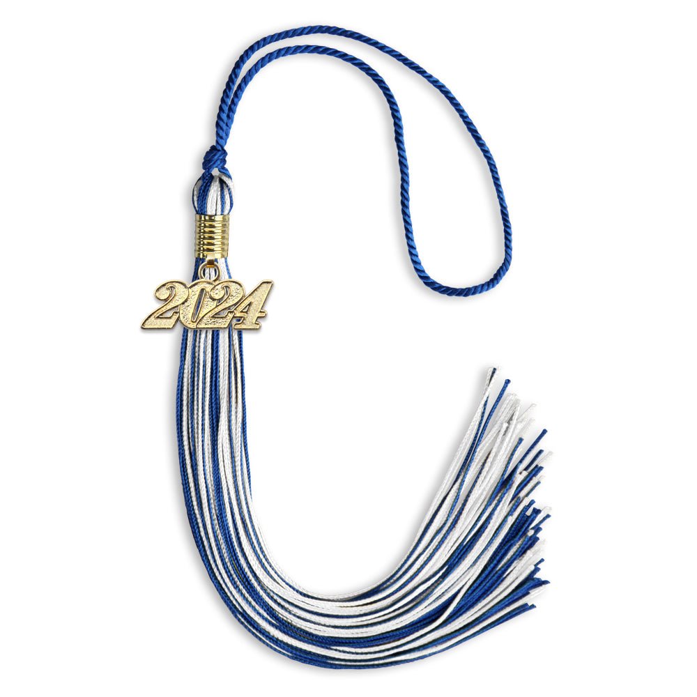 Royal Blue/White Mixed Color Graduation Tassel with Gold Bling Charm by Wholesale Grad Supply