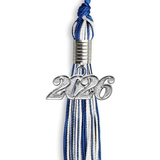 Royal Blue/White Mixed Color Graduation Tassel with Silver Bling Charm by Wholesale Grad Supply