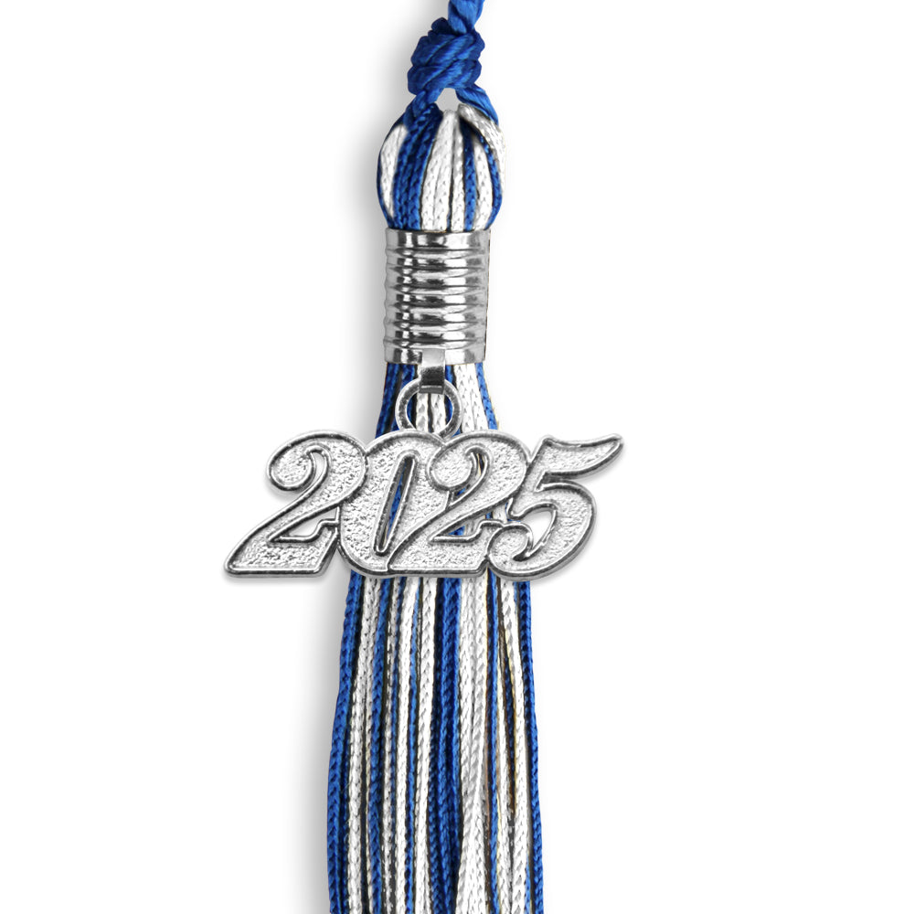 Royal Blue/White Mixed Color Graduation Tassel with Silver Bling Charm by Wholesale Grad Supply