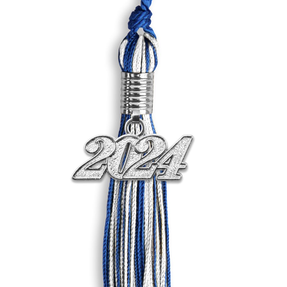 Royal Blue/White Mixed Color Graduation Tassel with Silver Bling Charm by Wholesale Grad Supply