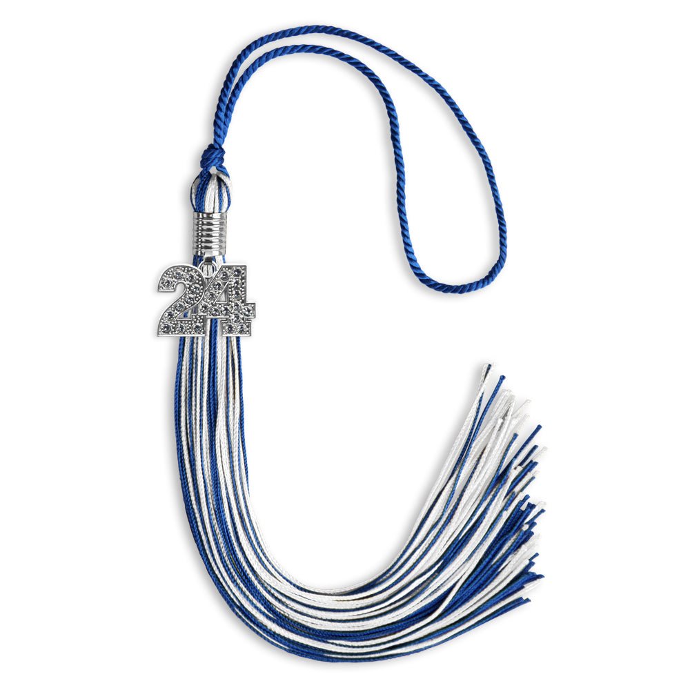 Royal Blue/White Mixed Color Graduation Tassel with Silver Bling Charm by Wholesale Grad Supply