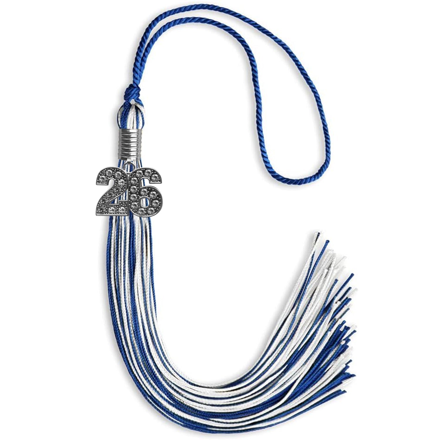 Royal Blue/White Mixed Color Graduation Tassel with Silver Bling Charm by Wholesale Grad Supply