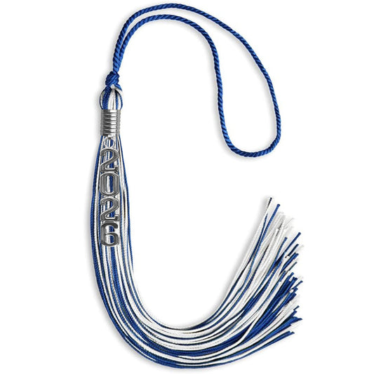 Royal Blue/White Mixed Color Graduation Tassel with Stacked Silver Date Drop by Wholesale Grad Supply
