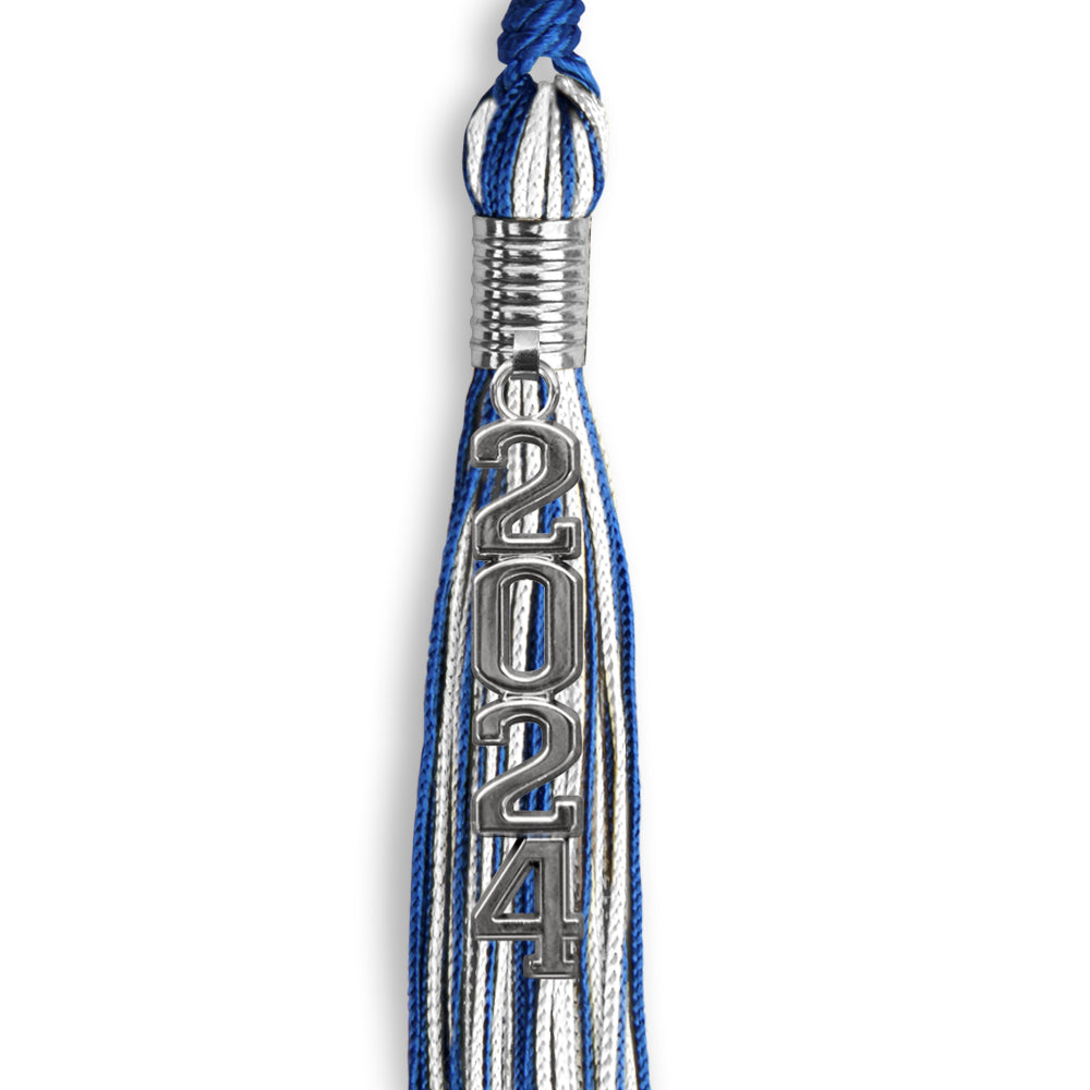 Royal Blue/White Mixed Color Graduation Tassel with Stacked Silver Date Drop by Wholesale Grad Supply