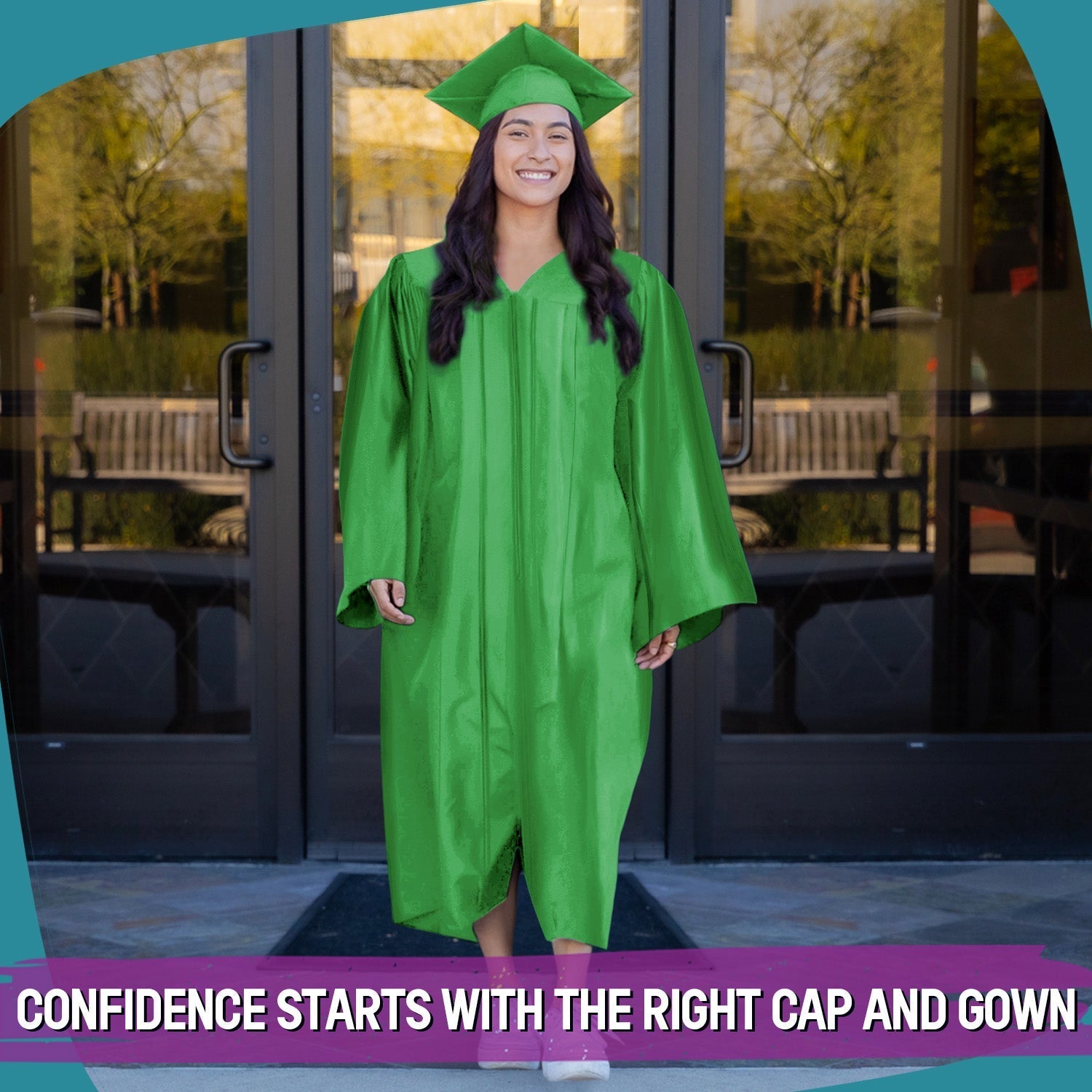 Shiny Green Graduation Gown & Cap by Wholesale Grad Supply