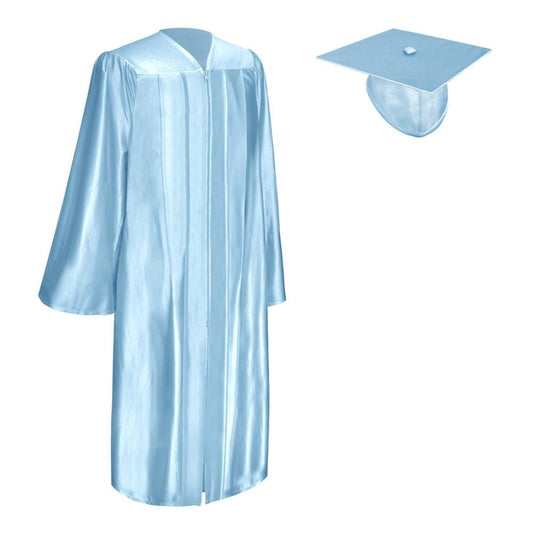 Shiny Light Blue Graduation Gown & Cap by Wholesale Grad Supply