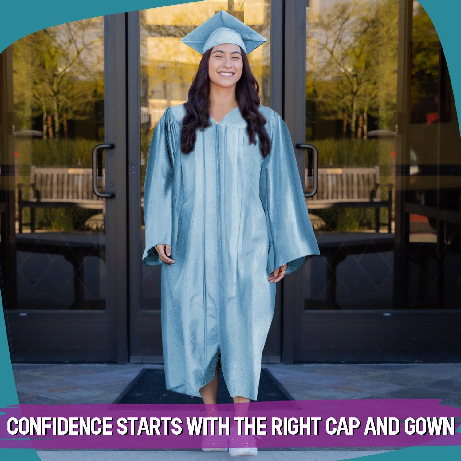 Shiny Light Blue Graduation Gown & Cap by Wholesale Grad Supply