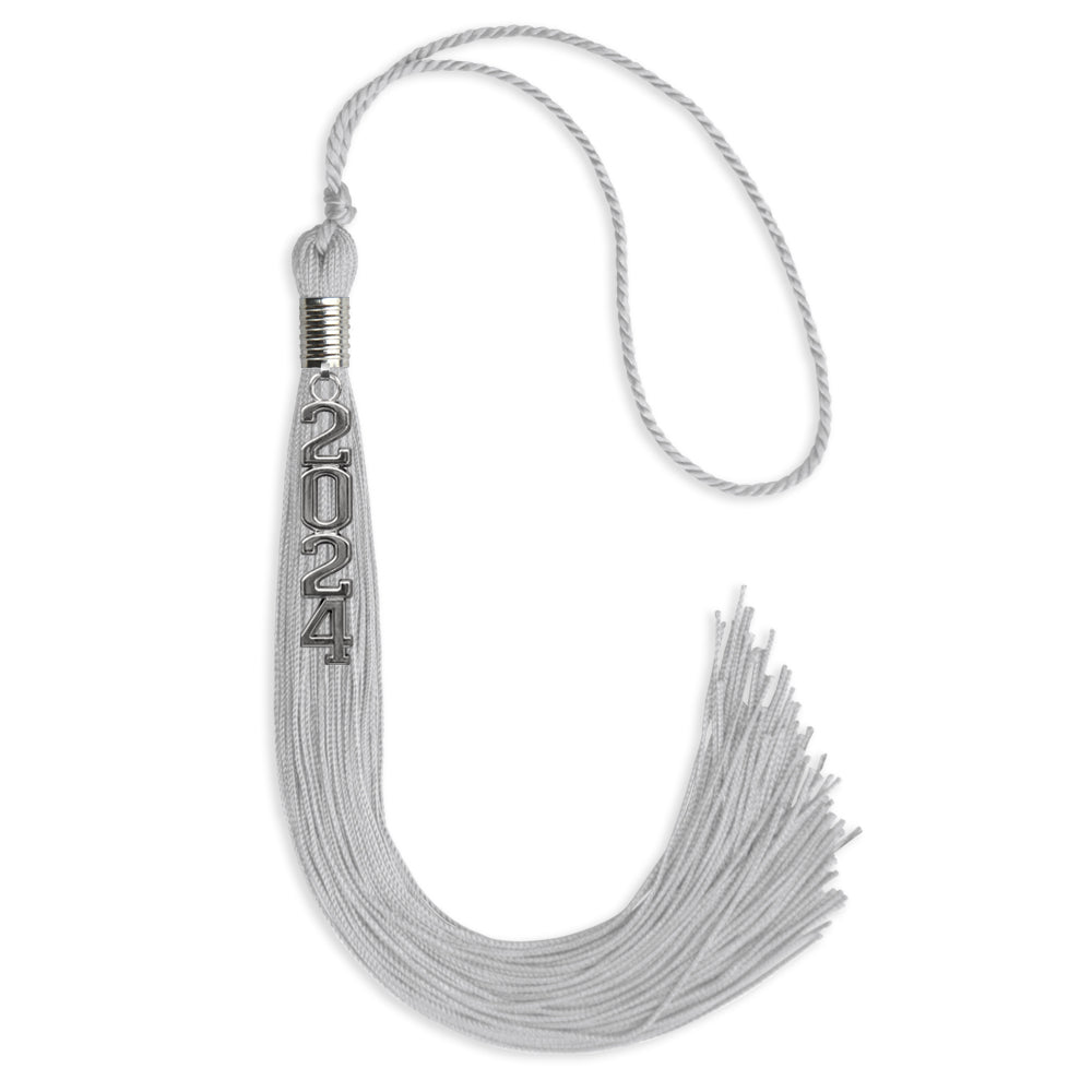 Silver Graduation Tassel with Silver Stacked Date Drop by Wholesale Grad Supply