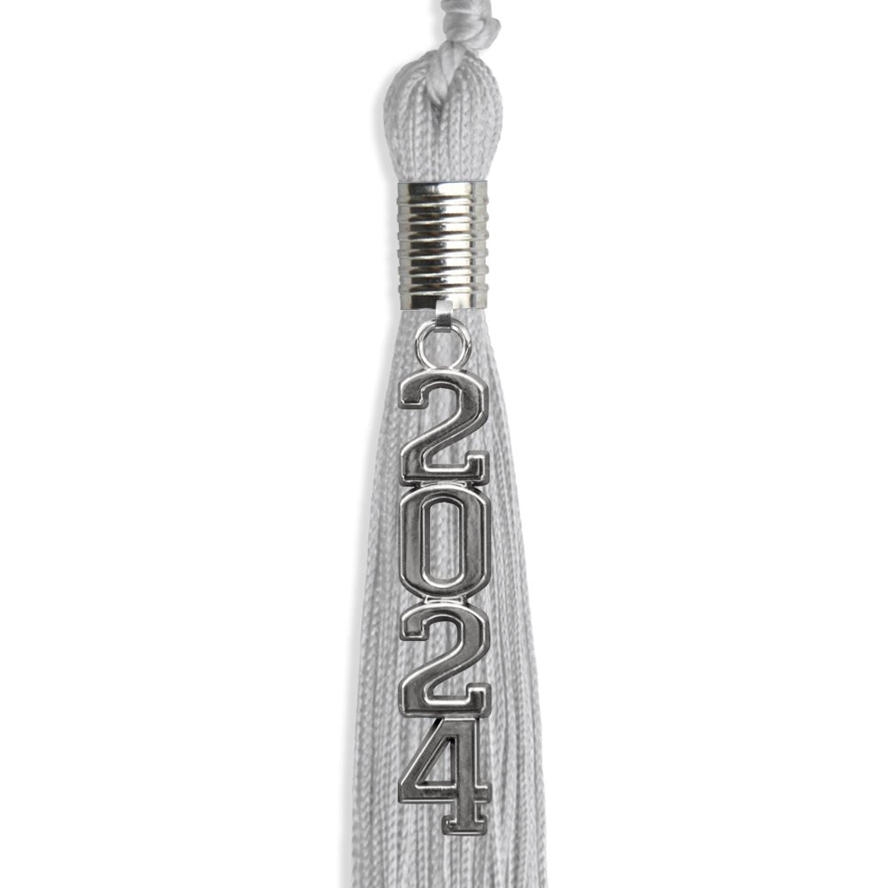 Silver Graduation Tassel with Silver Stacked Date Drop by Wholesale Grad Supply