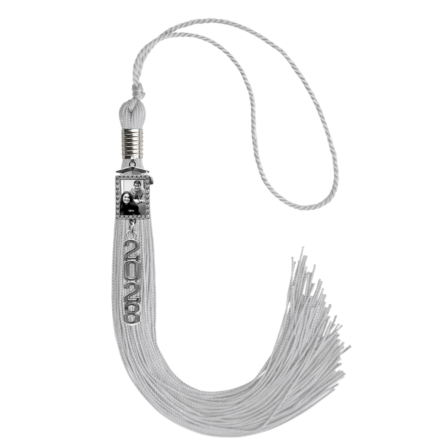 Silver Tassel with Photo Frame Charm and Stacked Date Drop by Wholesale Grad Supply
