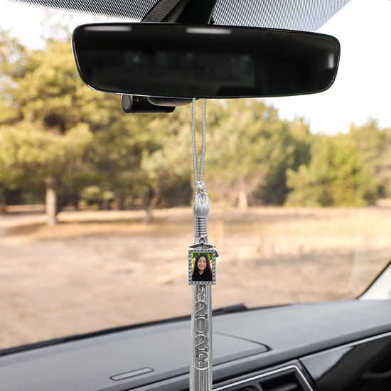 Silver Tassel with Photo Frame Charm and Stacked Date Drop by Wholesale Grad Supply