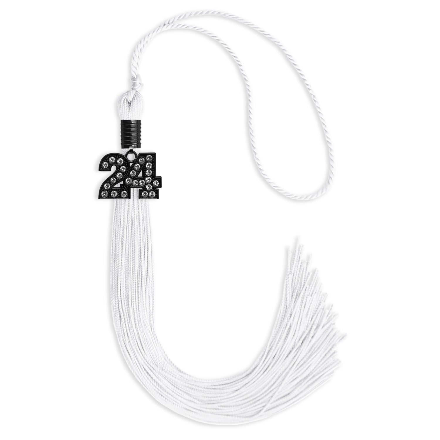 White Graduation Tassel with Black Bling Charm by Wholesale Grad Supply