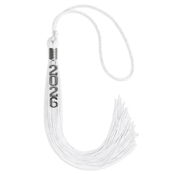 White Graduation Tassel with Silver Stacked Date Drop by Wholesale Grad Supply